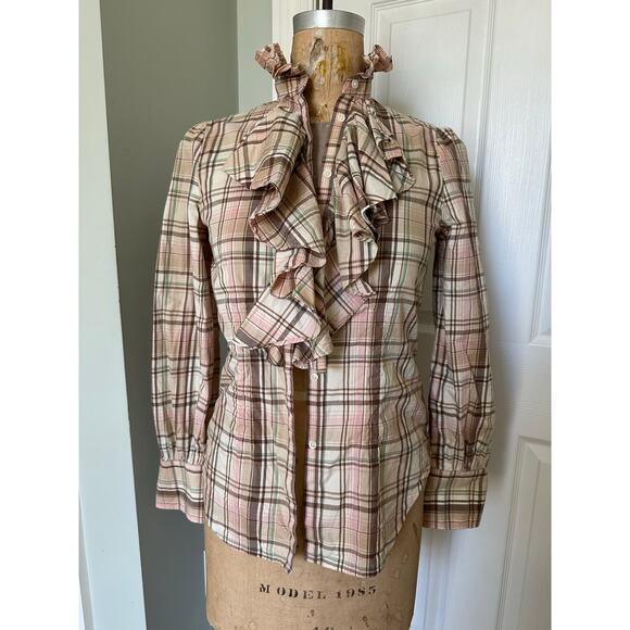 Lauren ralph lauren plaid ruffle front button down shirt peach cream S Petite - Picture 11 of 11